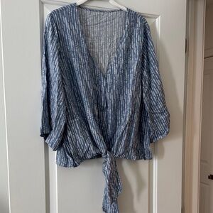 Blue Tie-Front V-Neck Women's Top